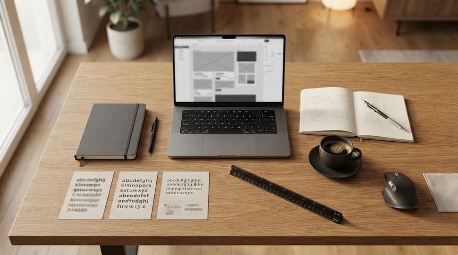 Mesa de trabalho com laptop mostrando wireframes de site, provas tipográficas e caderno de anotações